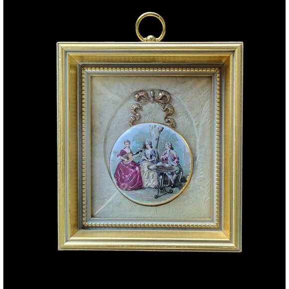 Vtg Sungott Art Studios Hand-Enameled Porcelain Disk in Metallic Gold Frame - Picture 1 of 4